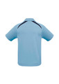 A short sleeve polo shirt in light blue with dark blue accents and a logo on the back.
