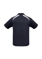 A navy polo shirt with short sleeves featuring white panel details and a logo on the back.