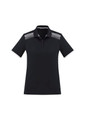 A black women's short sleeve polo shirt featuring a patterned yoke and white accents. It has a logo on the front.