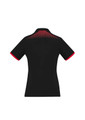 A black women's polo shirt featuring short sleeves and a grid pattern detail in red on the back.