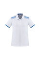 A white short sleeve polo shirt featuring a blue patterned design on the shoulders and contrasting blue accents.