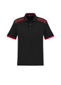 A black short sleeve polo shirt featuring red accents and a checkered pattern on the shoulders. It has a logo.