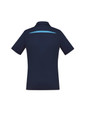 A navy blue women's short sleeve polo shirt featuring a contrasting light blue stripe on the back and a logo.