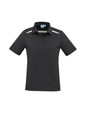 A women's short sleeve polo shirt in black with white accents and a collar, featuring a logo on the chest.