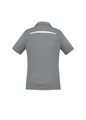 A short sleeve polo shirt in grey with a back stripe detail and a logo.