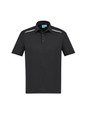 A black short sleeve polo shirt with a collar and side stripe detail. It features a logo on the front.