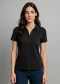 A women's short sleeve polo shirt in black, featuring a collar and a fitted design. It has a logo placement.