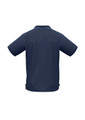 A navy blue men's short sleeve polo shirt featuring contrasting side stripes and a collar. It includes a logo on the front.