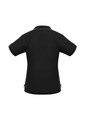 A black women's short sleeve polo shirt with contrasting details and a logo on the chest.