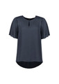 A short sleeve blouse in dark blue, featuring a keyhole neckline and a relaxed fit. It has a branding logo.