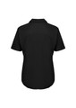 A black women's blouse with short sleeves and a collared neck, featuring a simple design and no visible logos.