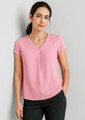 A pink women's V-neck pleat blouse with short sleeves, featuring a relaxed fit and subtle pleat detail.