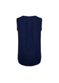 A navy sleeveless blouse with pleat detail at the back, featuring a smooth fabric and rounded hem.