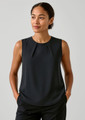 A sleeveless black blouse featuring pleat detail, styled with a simple round neckline.