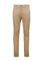 A pair of tan tapered stretch chino pants with a front pocket and a button closure.