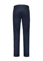 A pair of navy stretch chino pants featuring a plain back design with pockets. There is a logo on the waistband.