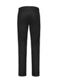 A pair of black modern stretch chino pants featuring a plain back and a logo.