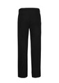 Black adjustable waist pants featuring a straight leg design and rear pockets, with a logo on the waistband.
