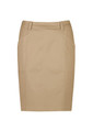 A mid-waist stretch chino skirt in a light tan colour, featuring a tailored fit and pockets.