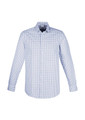 A men's long sleeve button-up shirt featuring a blue and white checked pattern with a logo on the chest.