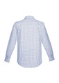 A men's long sleeve button-up shirt featuring a blue and white checkered pattern, with a back view.