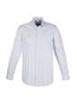 A button-up men's long sleeve shirt featuring a grey and white check pattern, with a collar and button front.