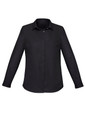 A black long sleeve button-up shirt for women with a collar and a front placket. Includes a logo.