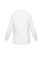 A white long sleeve button-up shirt with a collar and tailored fit, featuring a logo on the back.