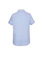 A light blue women's short sleeve shirt with a button-up design and a collar. Features a logo.