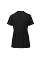 A black women's Mali Stretch Tunic T-Top with short sleeves and a gathered waist. It features a branding logo.