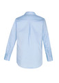 A light blue long sleeve button-up shirt featuring a back pleat and button cuffs, with a collar and a logo.