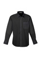 A black long sleeve button-up shirt with a chest pocket and a collar. It features a logo on the label.