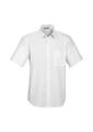 A white short sleeve button-up shirt with a pocket and a collar, featuring a logo on the label.