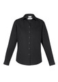 A black women's long sleeve button-up shirt featuring a classic collar and a logo on the label.