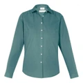 A teal long sleeve button-up shirt featuring a collar and a branded label.
