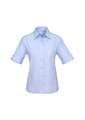 A light blue short sleeve button-up shirt with rolled cuffs and a subtle logo.