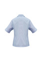 A light blue women's button-up shirt with short sleeves and a back view. Features a logo on the upper back.