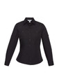 A women's black long sleeve button-up shirt featuring two chest pockets and a fitted design.