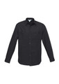 A black long sleeve button-up shirt featuring two chest pockets and a logo.