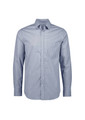 A men's long sleeve button-up shirt in a classic check pattern, featuring shades of blue and white. The shirt has a logo.
