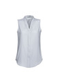 A light grey sleeveless top with a v-neck design and a logo on the label.