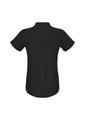 A black women's button-up shirt with a short sleeve design and a pleat detail at the back.