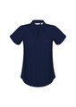 A navy blue women's button-up shirt with short sleeves and a v-neck design. It features a logo.