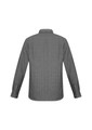A long sleeve button-up shirt featuring a black and white striped pattern, with a collar and button cuffs.