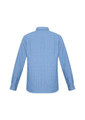 A long sleeve blue and white striped button-up shirt with a collar and cuffs, featuring a brand logo.