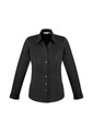 A black women's long sleeve button-up shirt featuring a classic collar and a fitted design. It has a logo on the label.