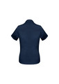 A navy blue women's short sleeve button-up shirt, featuring a smooth fabric and rolled sleeves.