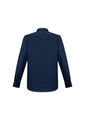 A navy blue long sleeve button-up shirt with a collar and cuffed sleeves. Features a logo.
