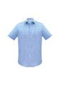 A light blue short sleeve button-up shirt with a single chest pocket and a subtle striped pattern.