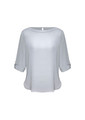 A light grey boatneck top with three-quarter sleeves and roll-up detail. The top has a subtle sheen and a back keyhole closure.